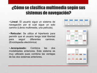 ¿Cómo se clasifica multimedia según sus
sistemas de navegación?
• Lineal: El usuario sigue un sistema de
navegación por el cual sigue un solo
camino (Libros multimedia, una película).
• Reticular: Se utiliza el hipertexto para
permitir que el usuario tenga total libertad
para
seguir
diferentes
caminos.
(Enciclopedia electrónica)
• Jerarquizado:
Combina
las
dos
modalidades anteriores. Este sistema es
muy utilizado pues combina las ventajas
de los dos sistemas anteriores.

 