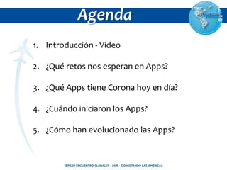Agenda
1. Introducción - Video
2. ¿Qué retos nos esperan en Apps?
3. ¿Qué Apps tiene Corona hoy en día?
4. ¿Cuándo iniciaron los Apps?
5. ¿Cómo han evolucionado las Apps?
 