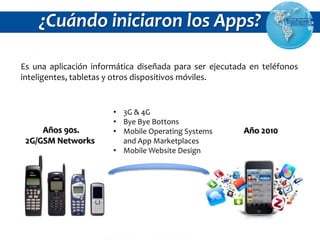 ¿Cuándo iniciaron los Apps?
Es una aplicación informática diseñada para ser ejecutada en teléfonos
inteligentes, tabletas y otros dispositivos móviles.
Años 90s.
2G/GSM Networks
Año 2010
• 3G & 4G
• Bye Bye Bottons
• Mobile Operating Systems
and App Marketplaces
• Mobile Website Design
 