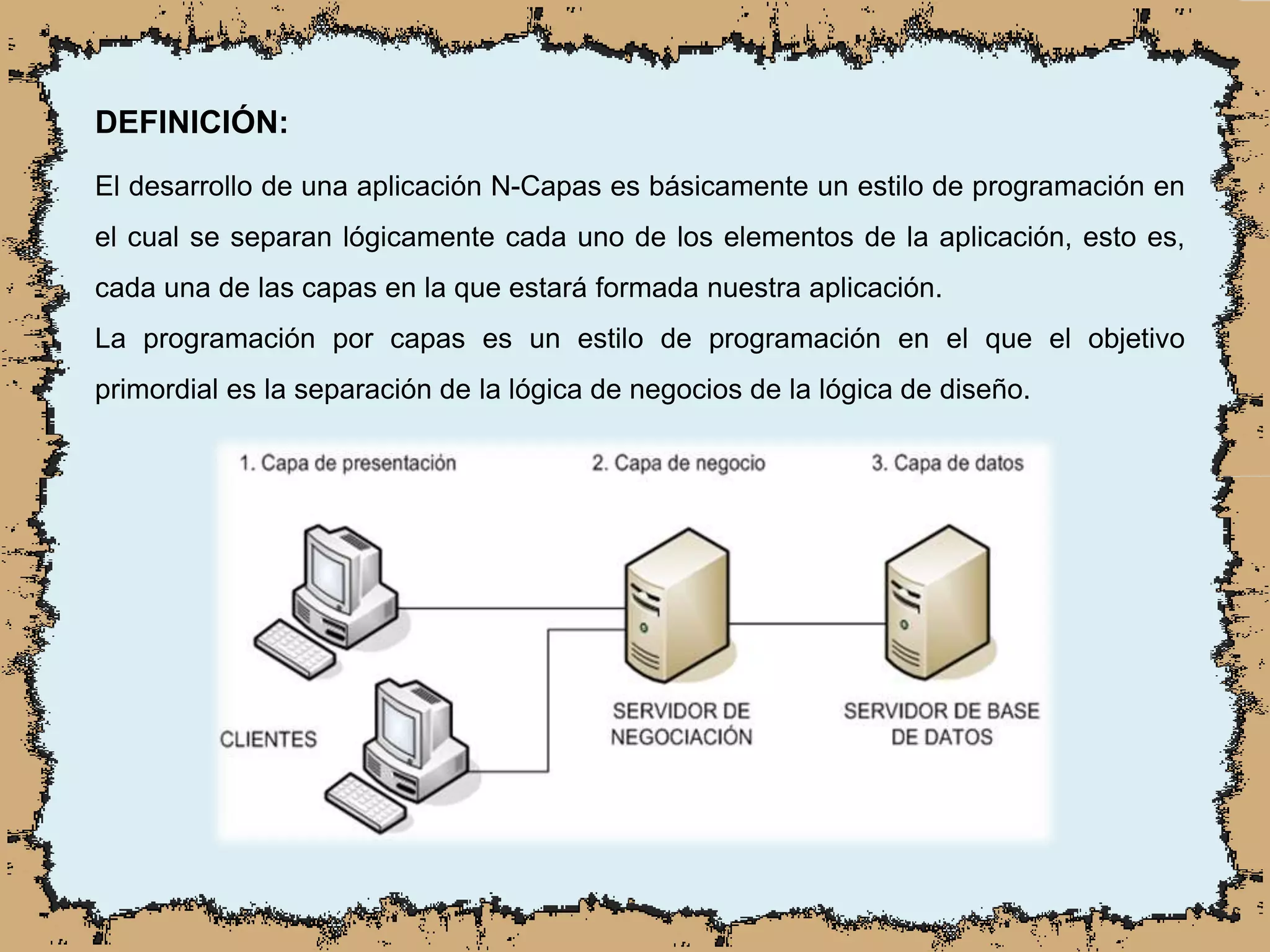 DEFINICIÓN:
El desarrollo de una aplicación N-Capas es básicamente un estilo de programación en
el cual se separan lógicamente cada uno de los elementos de la aplicación, esto es,
cada una de las capas en la que estará formada nuestra aplicación.
La programación por capas es un estilo de programación en el que el objetivo
primordial es la separación de la lógica de negocios de la lógica de diseño.
 