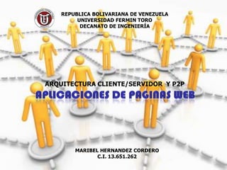 REPUBLICA BOLIVARIANA DE VENEZUELA
         UNIVERSIDAD FERMIN TORO
          DECANATO DE INGENIERÍA




ARQUITECTURA CLIENTE/SERVIDOR Y P2P




        MARIBEL HERNANDEZ CORDERO
               C.I. 13.651.262
 