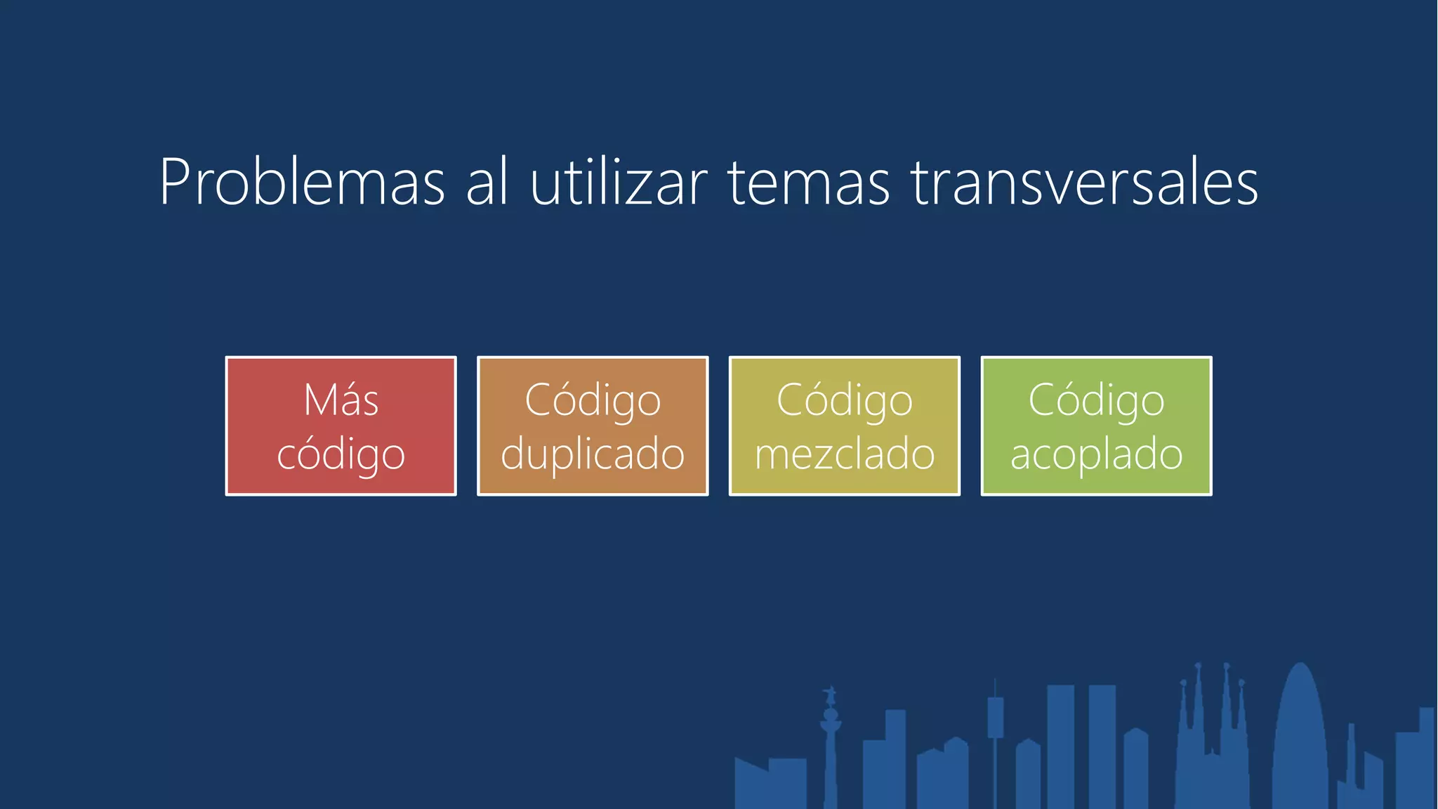 Problemas al utilizar temas transversales


     Más      Código      Código     Código
    código   duplicado   mezclado   acoplado
 