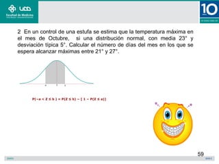 2 En un control de una estufa se estima que la temperatura máxima en
el mes de Octubre, si una distribución normal, con media 23° y
desviación típica 5°. Calcular el número de días del mes en los que se
espera alcanzar máximas entre 21° y 27°.




     P(−a < Z ≤ b ) = P(Z ≤ b) − [ 1 − P(Z ≤ a)]




                                                                         59
 