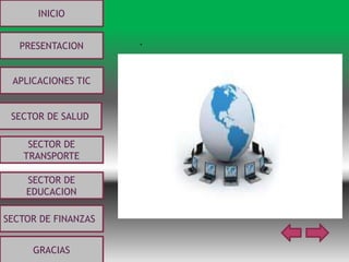 INICIO
PRESENTACION
APLICACIONES TIC
SECTOR DE
EDUCACION
SECTOR DE
TRANSPORTE
SECTOR DE SALUD
SECTOR DE FINANZAS
GRACIAS
.
 