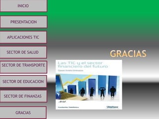 INICIO
PRESENTACION
APLICACIONES TIC
SECTOR DE SALUD
SECTOR DE TRANSPORTE
SECTOR DE EDUCACION
SECTOR DE FINANZASSECTOR DE FINANZAS
GRACIAS
 