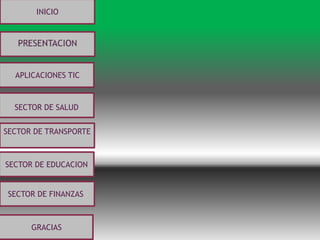 INICIO
APLICACIONES TIC
SECTOR DE SALUD
SECTOR DE TRANSPORTE
SECTOR DE EDUCACION
SECTOR DE FINANZASSECTOR DE FINANZAS
GRACIAS
 