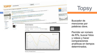 Topsy

Buscador de
menciones por
palabras clave.

Permite ver número
de RTs, buscar fotos
y videos y hacer
comparaciones
analíticas en tiempos
determinados.
 
