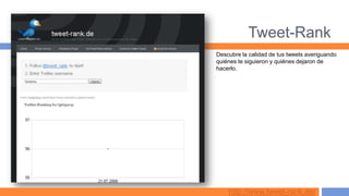 Tweet-Rank
Descubre la calidad de tus tweets averiguando
quiénes te siguieron y quiénes dejaron de
hacerlo.




    http://www.tweet-rank.de/
 