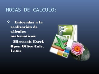 HOJAS DE CALCULO:
 Enfocadas a la
realización de
cálculos
matemáticos:
Microsoft Excel.
Open Office Calc,
Lotus
 