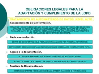 Almacenamiento de la información.
ARMARIOS Y ARCHIVADORES EN LOS QUE SE ALMACENEN DOCUMENTOS DEL FICHERO DEBEN
SITUARSE EN ZONAS DE ACCESO RESTRINGIDO, CON PUERTAS DOTADAS DE APERTURA
MEDIANTE LLAVE; EN SU DEFECTO, DEBERÁN ADOPTARSE OTRAS MEDIDAS, JUSTIFICANDO
LAS MISMAS EN EL DOCUMENTO DE SEGURIDAD.
TRATAMIENTO NO AUTOMATIZADO DE DATOS: NIVEL ALTO
 Copia o reproducción.
COPIAS DE DOCUMENTOS SÓLO PODRÁN SER REALIZADAS POR PERSONAL AUTORIZADO.
DESTRUCCIÓN SEGURA DE COPIAS O REPRODUCCIONES DESECHADAS (DESTRUCTORAS PAPEL).
 Acceso a la documentación.
ACCESO POR PERSONAL AUTORIZADO, CON IDENTIFICACIÓN DEL MISMO.
AUTORIZACIONES DE ACCESO A DOCUMENTACIÓN POR PERSONAL NO AUTORIZADO.
 Traslado de Documentación.
DEBERÁN ADOPTARSE MEDIDAS DIRIGIDAS A IMPEDIR EL ACCESO O MANIPULACIÓN.
OBLIGACIONES LEGALES PARA LA
ADAPTACIÓN Y CUMPLIMIENTO DE LA LOPD
 