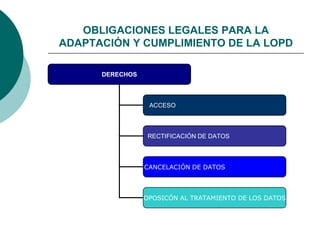 DERECHOS
ACCESO
RECTIFICACIÓN DE DATOS
CANCELACIÓN DE DATOS
OPOSICÓN AL TRATAMIENTO DE LOS DATOS
OBLIGACIONES LEGALES PARA LA
ADAPTACIÓN Y CUMPLIMIENTO DE LA LOPD
 