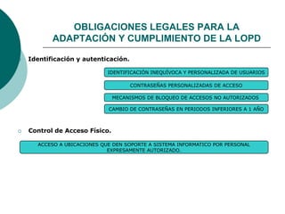  Identificación y autenticación.
 Control de Acceso Físico.
ACCESO A UBICACIONES QUE DEN SOPORTE A SISTEMA INFORMATICO POR PERSONAL
EXPRESAMENTE AUTORIZADO.
IDENTIFICACIÓN INEQUÍVOCA Y PERSONALIZADA DE USUARIOS
CONTRASEÑAS PERSONALIZADAS DE ACCESO
MECANISMOS DE BLOQUEO DE ACCESOS NO AUTORIZADOS
CAMBIO DE CONTRASEÑAS EN PERIODOS INFERIORES A 1 AÑO
OBLIGACIONES LEGALES PARA LA
ADAPTACIÓN Y CUMPLIMIENTO DE LA LOPD
 