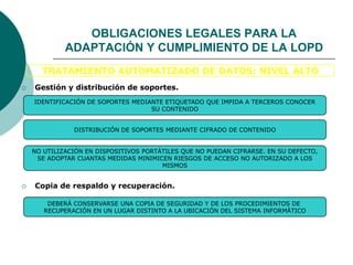  Gestión y distribución de soportes.
IDENTIFICACIÓN DE SOPORTES MEDIANTE ETIQUETADO QUE IMPIDA A TERCEROS CONOCER
SU CONTENIDO
DISTRIBUCIÓN DE SOPORTES MEDIANTE CIFRADO DE CONTENIDO
NO UTILIZACIÓN EN DISPOSITIVOS PORTÁTILES QUE NO PUEDAN CIFRARSE. EN SU DEFECTO,
SE ADOPTAR CUANTAS MEDIDAS MINIMICEN RIESGOS DE ACCESO NO AUTORIZADO A LOS
MISMOS
 Copia de respaldo y recuperación.
DEBERÁ CONSERVARSE UNA COPIA DE SEGURIDAD Y DE LOS PROCEDIMIENTOS DE
RECUPERACIÓN EN UN LUGAR DISTINTO A LA UBICACIÓN DEL SISTEMA INFORMÁTICO
TRATAMIENTO AUTOMATIZADO DE DATOS: NIVEL ALTO
OBLIGACIONES LEGALES PARA LA
ADAPTACIÓN Y CUMPLIMIENTO DE LA LOPD
 