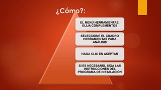 ¿Cómo?:
EL MENÚ HERRAMIENTAS,
ELIJA COMPLEMENTOS
SELECCIONE EL CUADRO
HERRAMIENTAS PARA
ANÁLISIS

HAGA CLIC EN ACEPTAR

SI ES NECESARIO, SIGA LAS
INSTRUCCIONES DEL
PROGRAMA DE INSTALACIÓN

 