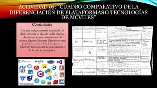 ACTIVIDAD 03: “CUADRO COMPARATIVO DE LA
DIFERENCIACIÓN DE PLATAFORMAS O TECNOLOGÍAS
DE MÓVILES”
Comentarios
Con este trabajo aprendí demasiado. Es
decir, no tenia ni idea de cuales eran las
plataformas ni sus características. Si
conocía algunos Sistemas Operativos pero
plataformas como Windows, Linux o
Solaris no tenia ni idea de su existencia o
de lo que se encargaban.
 