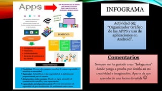 INFOGRAMA
Actividad 05:
“Organizador Gráfico
de las APPS y uso de
aplicaciones en
Android”.
Comentarios
Siempre me ha gustado crear “Infogramas”
donde ponga a prueba por decirlo así mi
creatividad e imaginación; Aparte de que
aprendo de una forma divertida 
 