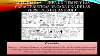 ACTIVIDAD 06: “LÍNEA DE TIEMPO Y LAS
CARACTERÍSTICAS DE CADA UNA DE LAS
VERSIONES DEL ANDROID”
Comentarios
Trabajo en el cual si estuvo algo extenso, me aprendí algunas versiones, las recuerdo casi todas, principalmente por
su nombre jajaja, son fáciles de recordar, así como algunas características interesantes. Por ejemplo en la versión
HoneyComb es únicamente para tabletas y dispositivos de pantalla grande,
 