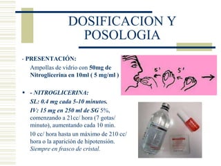 DOSIFICACION Y
                   POSOLOGIA
- PRESENTACIÓN:
   Ampollas de vidrio con 50mg de
   Nitroglicerina en 10ml ( ...
