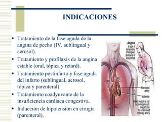 INDICACIONES

 Tratamiento de la fase aguda de la
  angina de pecho (IV, sublingual y
  aerosol).
 Tratamiento y profila...