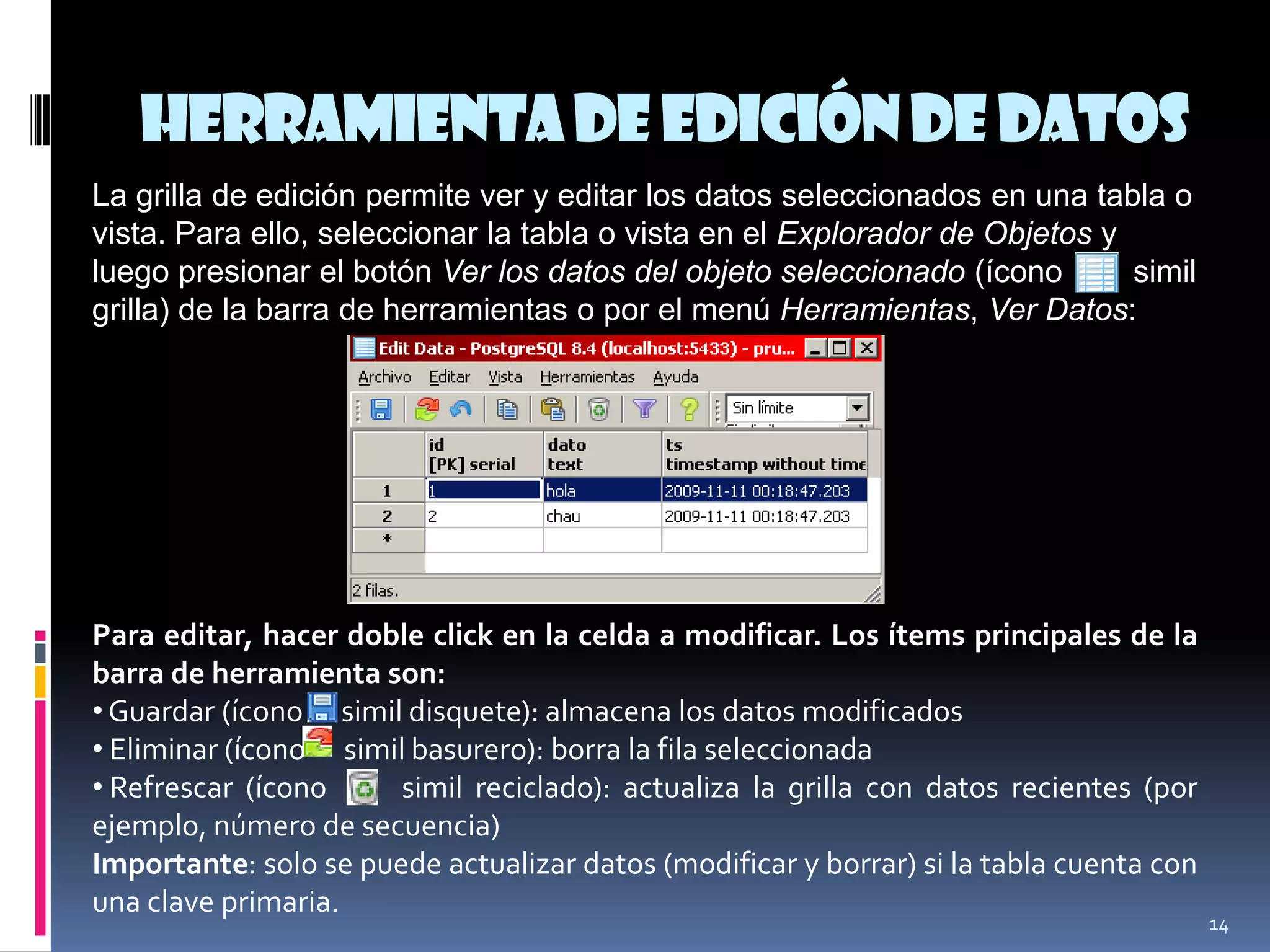 Herramientadeedicióndedatos
14
La grilla de edición permite ver y editar los datos seleccionados en una tabla o
vista. Para ello, seleccionar la tabla o vista en el Explorador de Objetos y
luego presionar el botón Ver los datos del objeto seleccionado (ícono simil
grilla) de la barra de herramientas o por el menú Herramientas, Ver Datos:
Para editar, hacer doble click en la celda a modificar. Los ítems principales de la
barra de herramienta son:
•Guardar (ícono simil disquete): almacena los datos modificados
• Eliminar (ícono simil basurero): borra la fila seleccionada
• Refrescar (ícono simil reciclado): actualiza la grilla con datos recientes (por
ejemplo, número de secuencia)
Importante: solo se puede actualizar datos (modificar y borrar) si la tabla cuenta con
una clave primaria.
 
