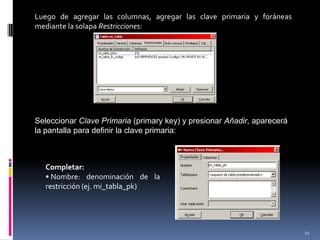 Luego de agregar las columnas, agregar las clave primaria y foráneas
mediante la solapa Restricciones:
Seleccionar Clave Primaria (primary key) y presionar Añadir, aparecerá
la pantalla para definir la clave primaria:
Completar:
• Nombre: denominación de la
restricción (ej. mi_tabla_pk)
11
 