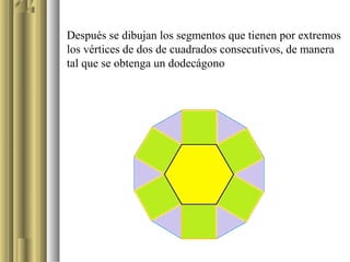 Después se dibujan los segmentos que tienen por extremos
los vértices de dos de cuadrados consecutivos, de manera
tal que se obtenga un dodecágono
 