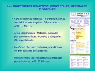 1a.- DIRECTORIOS TEMÁTICOS: COMERCIALES, GENERALES  Y PORTALES Yahoo : Recursos extensos, 14 grandes materias,  subdivididas en categorías. OR por defecto.  AND (+), NOT(-). Argus   Clearinghouse : Materias, evaluadas  por documentalistas. B rowsing  y búsquedas.  Más especializado. LookSmart : Recursos revisados y clasificados  en gran cantidad de categorías. Open   Directory  Project : Recursos compilados  por voluntarios,  AOL.  50 idiomas. 