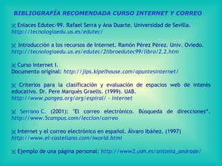 BIBLIOGRAFÍA RECOMENDADA CURSO INTERNET Y CORREO    Enlaces Edutec-99.  Rafael Serra y Ana Duarte. Universidad de Sevilla.  http://tecnologiaedu.us.es/edutec/    Introducción a los recursos de Internet. Ramón Pérez Pérez. Univ .  Oviedo.  http://tecnologiaedu.us.es/edutec/2libroedutec99/libro/2.2.htm    Curso internet I.  Documento original:  http://jips.kipelhouse.com/apuntesinternet/    Criterios para la clasificación y evaluación de espacios web de interés educativo .  Dr. Pere Marquès Graells . (19 99 ) . UAB.  http:// www.pangea.org / org /espiral/ -  internet    Serrano C.  (2001): "El correo electrónico. Búsqueda de   direcciones“ .  http://www.5campus.com/leccion/correo    Internet y el correo electrónico en español. Álvaro Ibáñez. (1997) http://www.el-castellano.com/iworld.html    Ejemplo de una página personal:  http://www2.uah.es/antonia_andrade/   