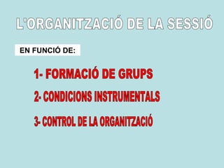 L'ORGANITZACIÓ DE LA SESSIÓ EN FUNCIÓ DE: 1- FORMACIÓ DE GRUPS 2- CONDICIONS INSTRUMENTALS 3- CONTROL DE LA ORGANITZACIÓ 