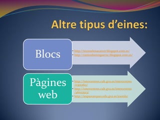 Blocs
          • http://tecnoelenacarcer.blogspot.com.es/
          • http://ramonberenguer2c.blogspot.com.es/




Pàgines   • http://intercentres.cult.gva.es/intercentres
            /03012611/
          • http://intercentres.cult.gva.es/intercentres

 web        /46023523/
          • http://iesparearques.edu.gva.es/joomla/
 