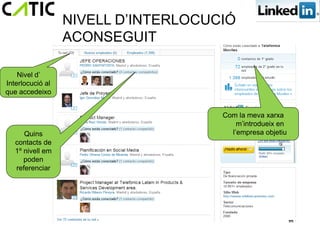 NIVELL D’INTERLOCUCIÓ
                  ACONSEGUIT

    Nivel d’
Interlocució al
que accedeixo


                                     Com la meva xarxa
                                         m’introdueix en
      Quins                            l’empresa objetiu
   contacts de
   1º nivell em
      poden
   referenciar
 