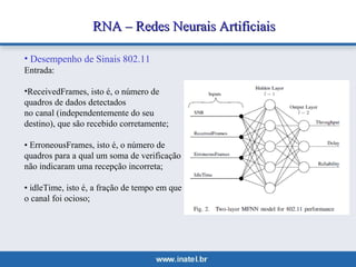 RNA –– RReeddeess NNeeuurraaiiss AArrttiiffiicciiaaiiss 
• Desempenho de Sinais 802.11 
Entrada: 
•ReceivedFrames, isto é, o número de 
quadros de dados detectados 
no canal (independentemente do seu 
destino), que são recebido corretamente; 
• ErroneousFrames, isto é, o número de 
quadros para a qual um soma de verificação 
não indicaram uma recepção incorreta; 
• idleTime, isto é, a fração de tempo em que 
o canal foi ocioso; 
 
