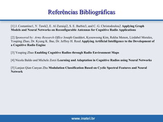 RReeffeerrêênncciiaass BBiibblliiooggrrááffiiccaass 
[1] J. Costantine1, Y. Tawk2, E. Al Zuraiqi2, S. E. Barbin3, and C. G. Christodoulou2 Applying Graph 
Models and Neural Networks on Reconfigurable Antennas for Cognitive Radio Applications 
[2] Sponsored by: Army Research Office Joseph Gaeddert, Kyouwoong Kim, Rekha Menon, Lizdabel Morales, 
Youping Zhao, Dr. Kyung K. Bae, Dr. Jeffrey H. Reed Applying Artificial Intelligence to the Development of 
a Cognitive Radio Engine 
[3] Youping Zhao Enabling Cognitive Radios through Radio Environment Maps 
[4] Nicola Baldo and Michele Zorzi Learning and Adaptation in Cognitive Radios using Neural Networks 
[5] Lanjun Qian Canyan Zhu Modulation Classification Based on Cyclic Spectral Features and Neural 
Network 
 