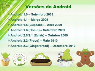 Versões do Android
Android 1.0 – Setembro 2008
Android 1.1 – Março 2009
Android 1.5 (Cupcake) – Abril 2009
Android 1.6 (Donut) – Setembro 2009
Android 2.0/2.1 (Eclair) – Outubro 2009
Android 2.2 (Froyo) – Maio 2010
Android 2.3 (Gingerbread) – Dezembro 2010
 