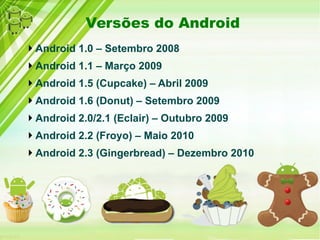 Versões do Android
Android 1.0 – Setembro 2008
Android 1.1 – Março 2009
Android 1.5 (Cupcake) – Abril 2009
Android 1.6 (Donut) – Setembro 2009
Android 2.0/2.1 (Eclair) – Outubro 2009
Android 2.2 (Froyo) – Maio 2010
Android 2.3 (Gingerbread) – Dezembro 2010
 
