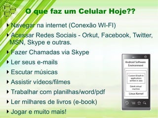 O que faz um Celular Hoje??
Navegar na internet (Conexão WI-FI)
Acessar Redes Sociais - Orkut, Facebook, Twitter,
MSN, Skype e outras.
Fazer Chamadas via Skype
Ler seus e-mails
Escutar músicas
Assistir vídeos/filmes
Trabalhar com planilhas/word/pdf
Ler milhares de livros (e-book)
Jogar e muito mais!
 