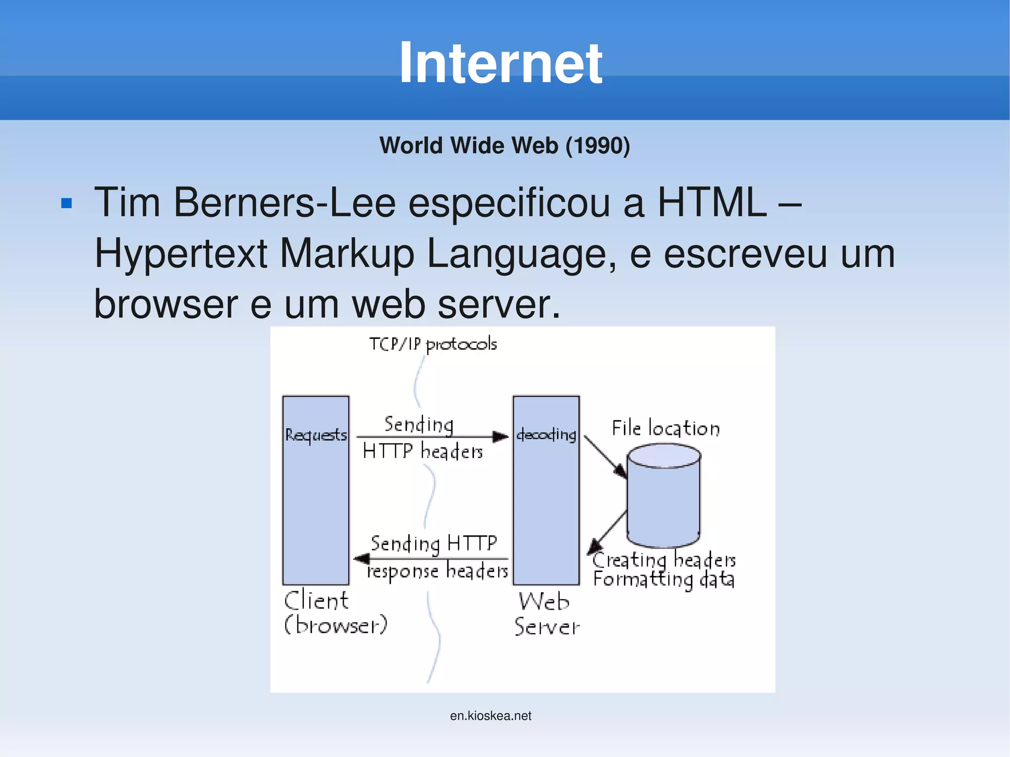 Internet
                  World Wide Web (1990)

   Tim Berners­Lee especificou a HTML – 
    Hypertext Markup Language, e escreveu um 
    browser e um web server.




                       en.kioskea.net
 