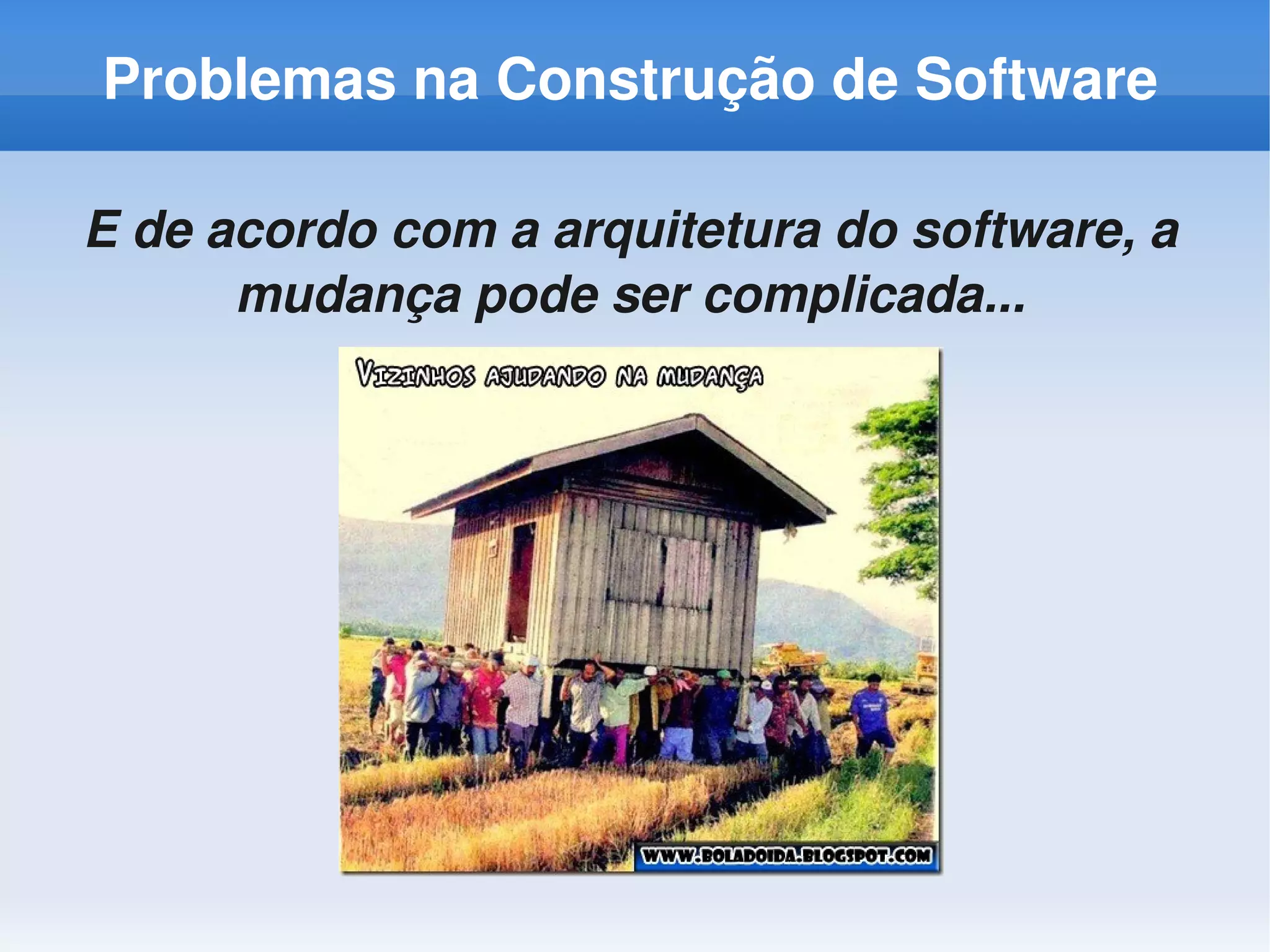 Problemas na Construção de Software

E de acordo com a arquitetura do software, a 
      mudança pode ser complicada...
 
