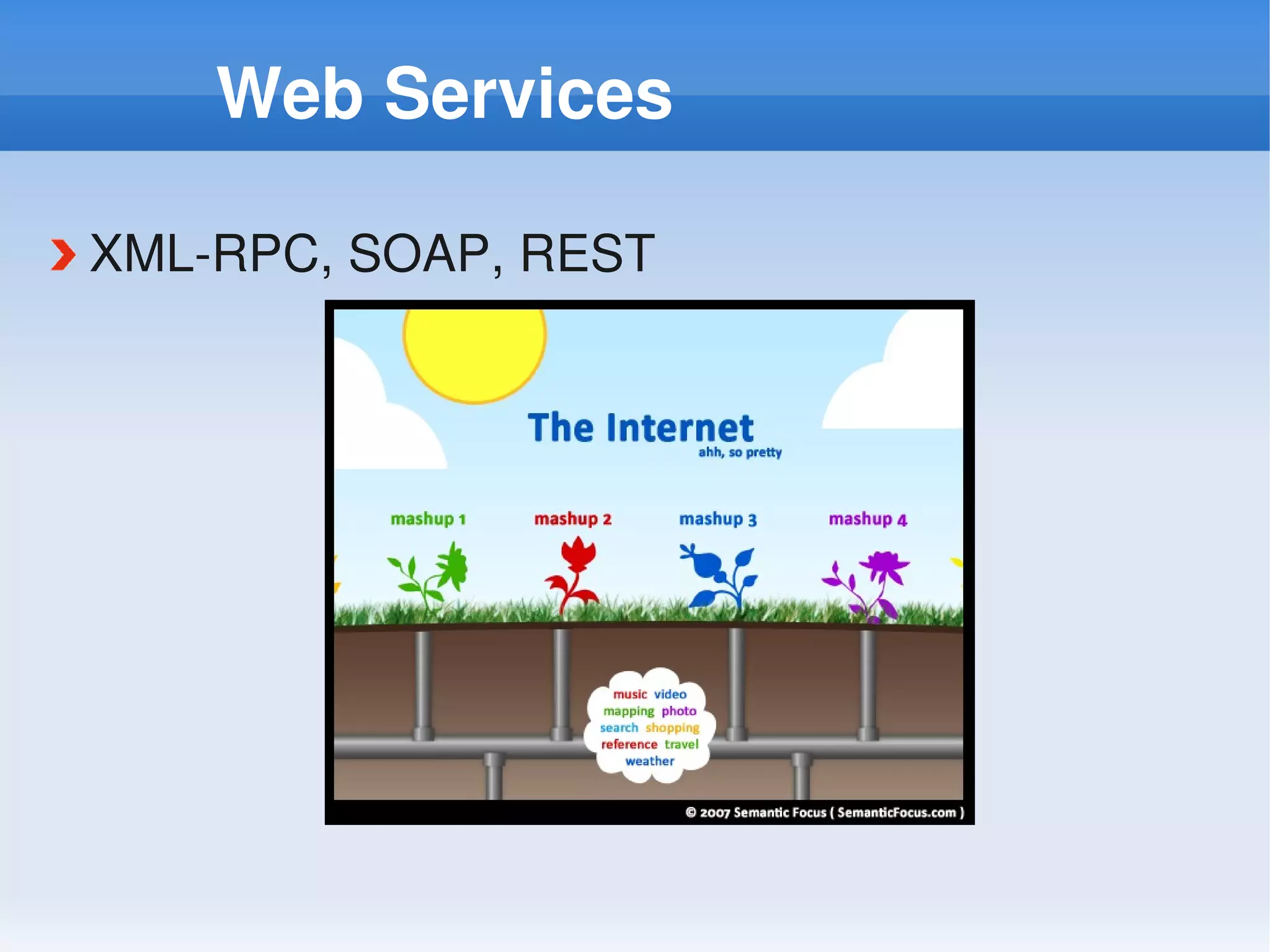 Web Services

XML­RPC, SOAP, REST
 