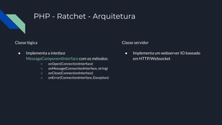 PHP - Ratchet - Arquitetura
Classe lógica
● Implementa a interface
MessageComponentInterface com os métodos:
○ onOpen(ConnectionInterface)
○ onMessage(ConnectionInterface, string)
○ onClose(ConnectionInterface)
○ onError(ConnectionInterface, Exception)
Classe servidor
● Implementa um webserver IO baseado
em HTTP/Websocket
 