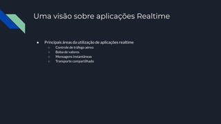 Uma visão sobre aplicações Realtime
● Principais áreas da utilização de aplicações realtime
○ Controle de tráfego aéreo
○ Bolsa de valores
○ Mensagens instantâneas
○ Transporte compartilhado
 