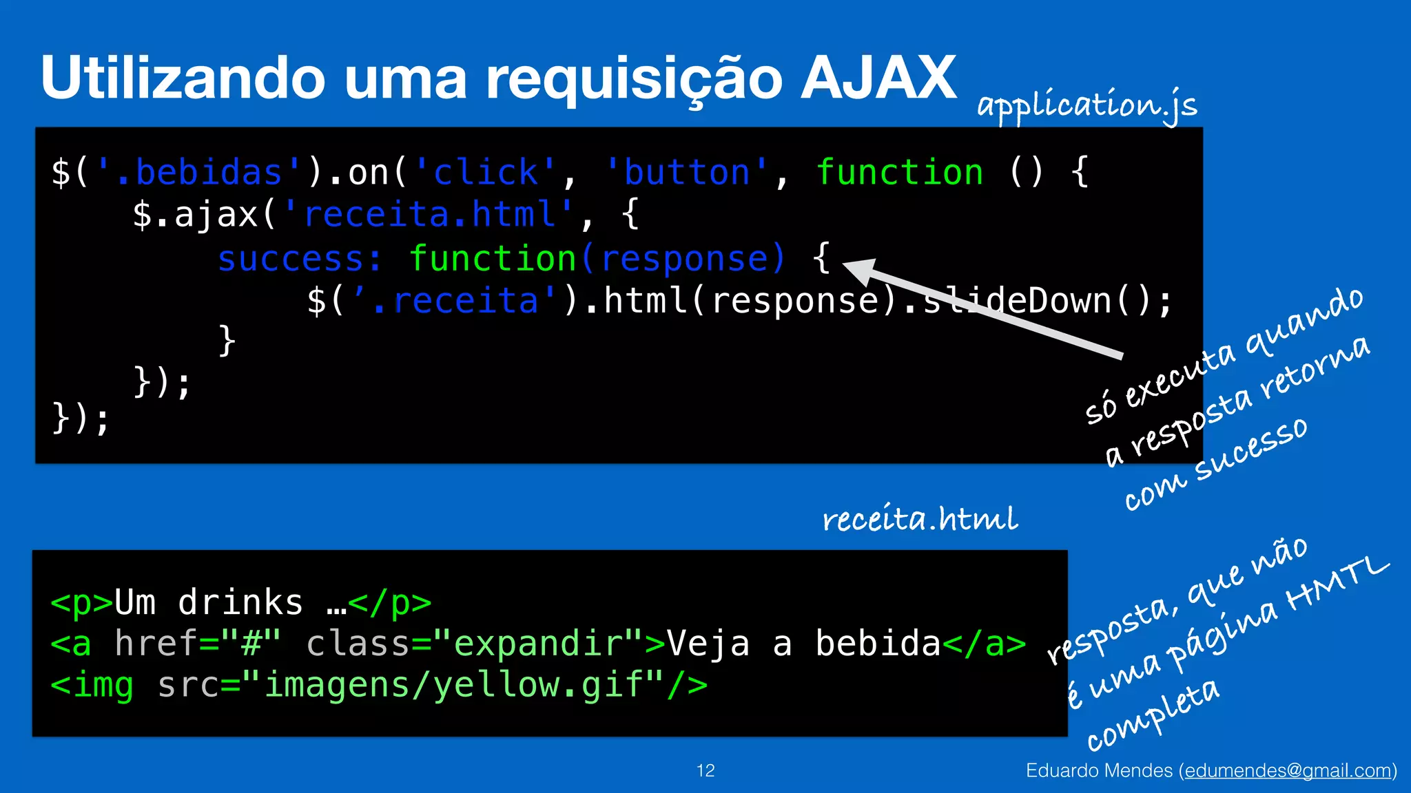 Eduardo Mendes (edumendes@gmail.com)12
Utilizando uma requisição AJAX
$('.bebidas').on('click', 'button', function () {
!
!
!
!
!
});
$.ajax('receita.html', {
success: function(response) {
$(’.receita').html(response).slideDown();
}
});
<p>Um drinks …</p>
<a href="#" class="expandir">Veja a bebida</a>
<img src="imagens/yellow.gif"/>
application.js
receita.html
só executa quando
a resposta retorna
com sucesso
resposta, que não
é uma página HMTL
completa
 