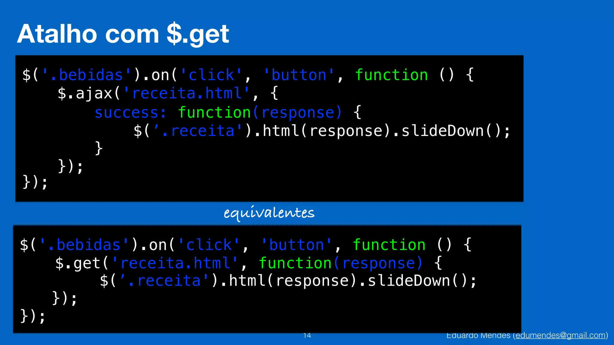 Eduardo Mendes (edumendes@gmail.com)14
Atalho com $.get
$('.bebidas').on('click', 'button', function () {
!
!
!
!
!
});
$.ajax('receita.html', {
success: function(response) {
$(’.receita').html(response).slideDown();
}
});
$('.bebidas').on('click', 'button', function () {
!
!
!
});
$.get('receita.html', function(response) {
$(’.receita').html(response).slideDown();
});
equivalentes
 