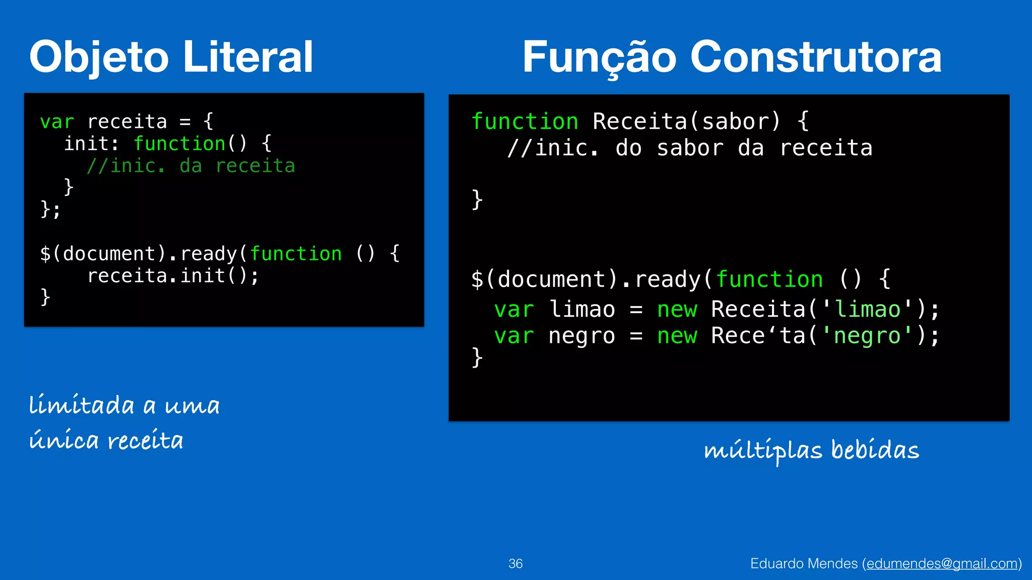Eduardo Mendes (edumendes@gmail.com)36
Objeto Literal
var receita = {
init: function() {
//inic. da receita
}
};
!
$(document).ready(function () {
receita.init();
}
limitada a uma
única receita
function Receita(sabor) {
//inic. do sabor da receita
!
}
!
!
$(document).ready(function () {
!
!
}
múltiplas bebidas
Função Construtora
var limao = new Receita('limao');
var negro = new Rece‘ta('negro');
 
