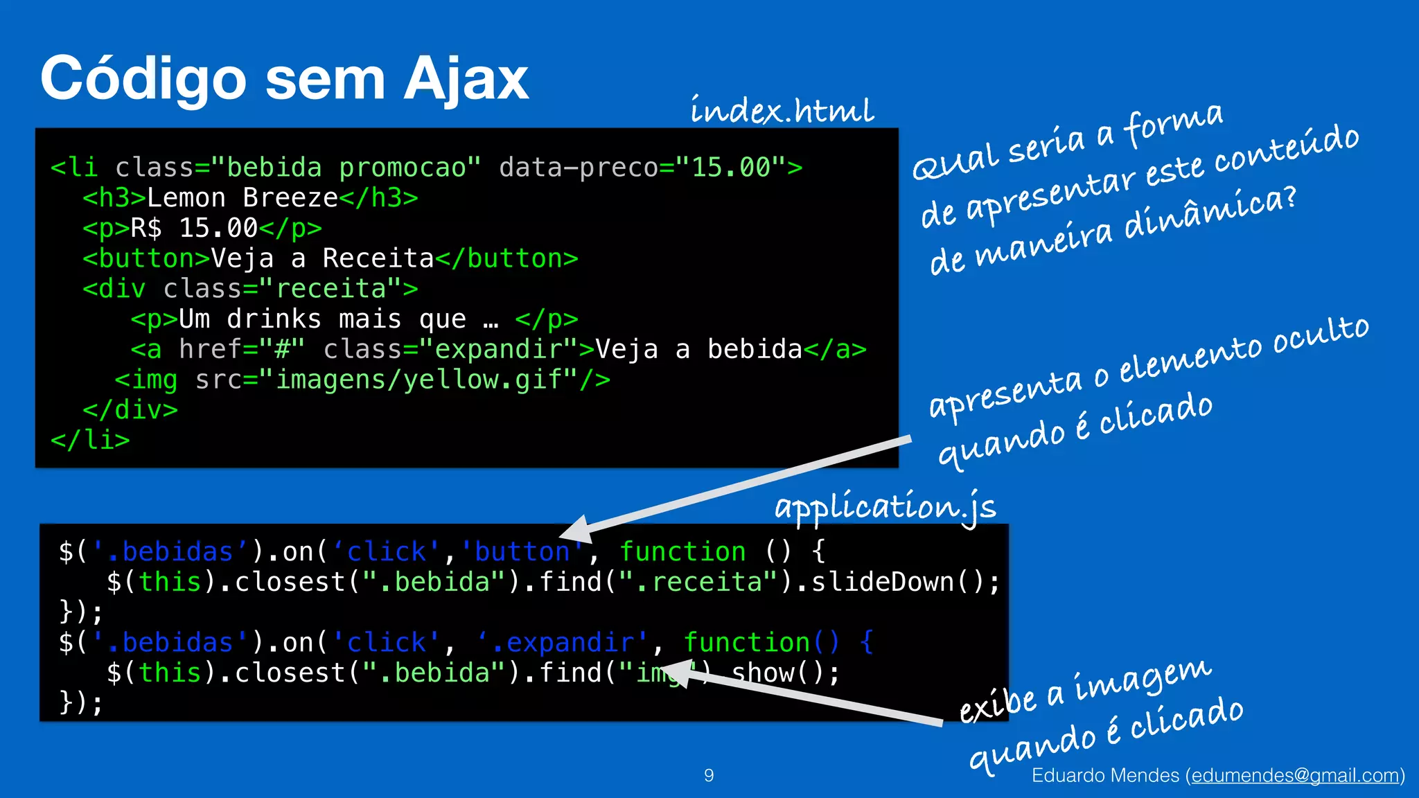 Eduardo Mendes (edumendes@gmail.com)9
Código sem Ajax
<li class="bebida promocao" data-preco="15.00">
<h3>Lemon Breeze</h3>
<p>R$ 15.00</p>
<button>Veja a Receita</button>
<div class="receita">
<p>Um drinks mais que … </p>
<a href="#" class="expandir">Veja a bebida</a>
<img src="imagens/yellow.gif"/>
</div>
</li>
index.html
$('.bebidas’).on(‘click','button', function () {
$(this).closest(".bebida").find(".receita").slideDown();
});
$('.bebidas').on('click', ‘.expandir', function() {
$(this).closest(".bebida").find("img").show();
});
application.js
apresenta o elemento oculto
quando é clicado
exibe a imagem
quando é clicado
QUal seria a forma
de apresentar este conteúdo
de maneira dinâmica?
 