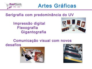 Serigrafia com predominância do UV
Impressão digital
Flexografia
Gigantografia
Comunicação visual com novos
desafios
Artes Gráficas
 