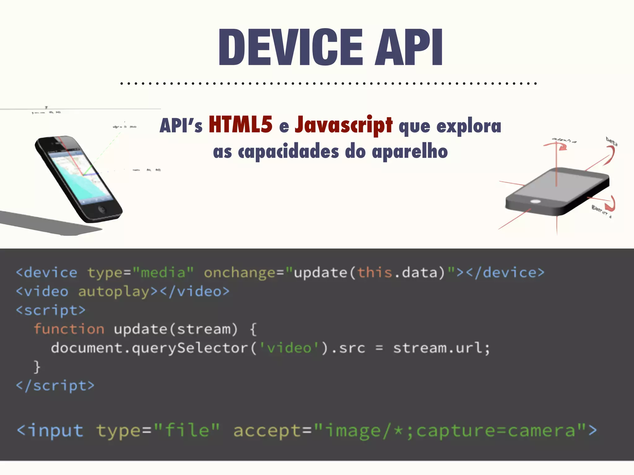 DEVICE API
API’s HTML5 e Javascript que explora
as capacidades do aparelho
 