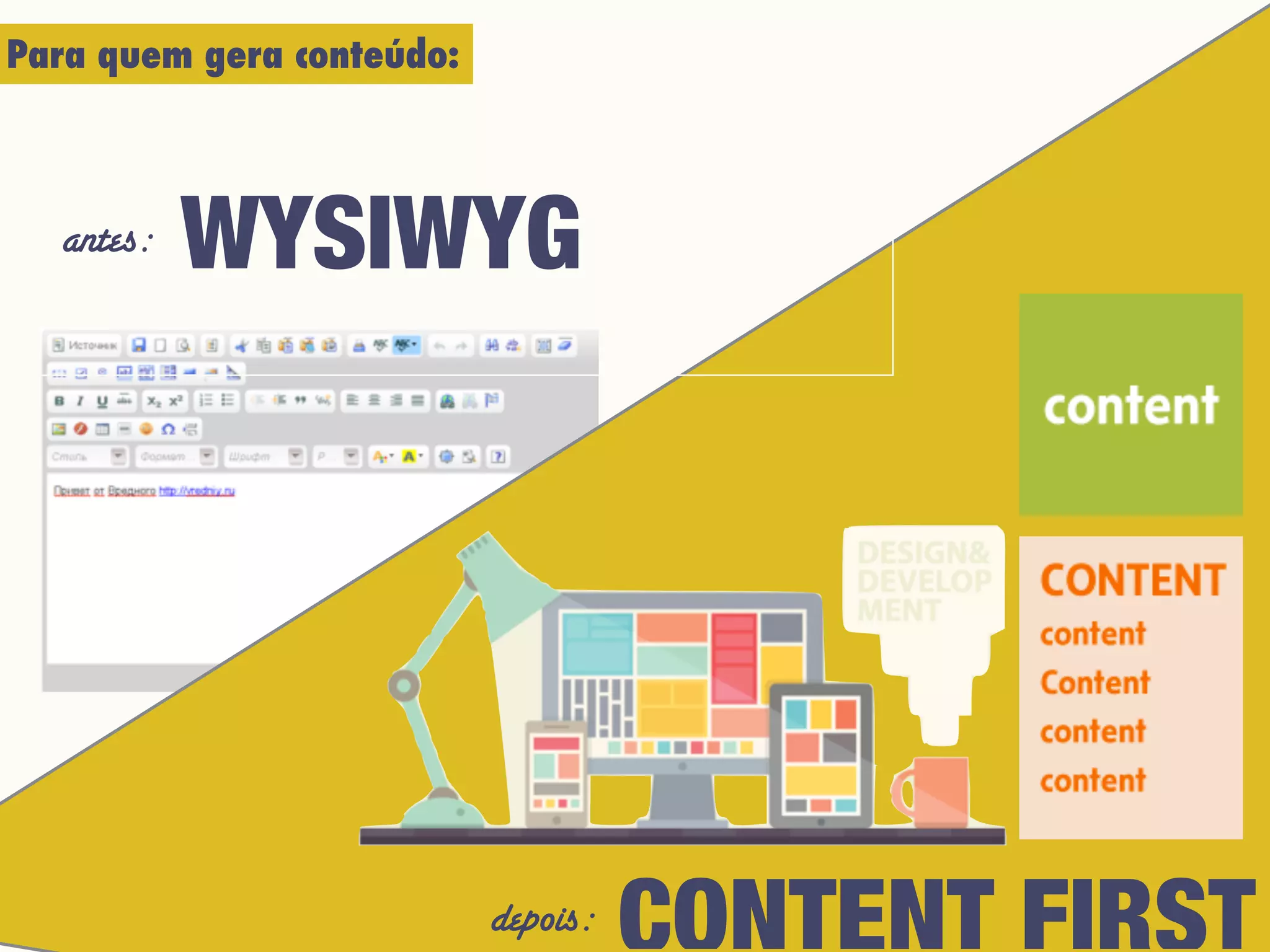 WYSIWYG
CONTENT FIRST
antes:
depois:
Para quem gera conteúdo:
 