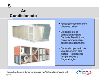 Introdução aos Acionamentos de Velocidade Variável
s
Página 28
ArAr
CondicionadoCondicionado
• Aplicação comum, com
diversos drives.
• Unidades de ar
condicionado para
Centrais Telefônicas,
como também para
aplicações genéricas.
• Curva de operação do
ventilador com alta
inércia - Tempos de
rampa longos e
Regeneração.
 