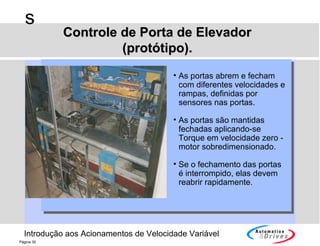 Introdução aos Acionamentos de Velocidade Variável
s
Página 30
Controle de Porta de ElevadorControle de Porta de Elevador
(protótipo).(protótipo).
• As portas abrem e fecham
com diferentes velocidades e
rampas, definidas por
sensores nas portas.
• As portas são mantidas
fechadas aplicando-se
Torque em velocidade zero -
motor sobredimensionado.
• Se o fechamento das portas
é interrompido, elas devem
reabrir rapidamente.
 